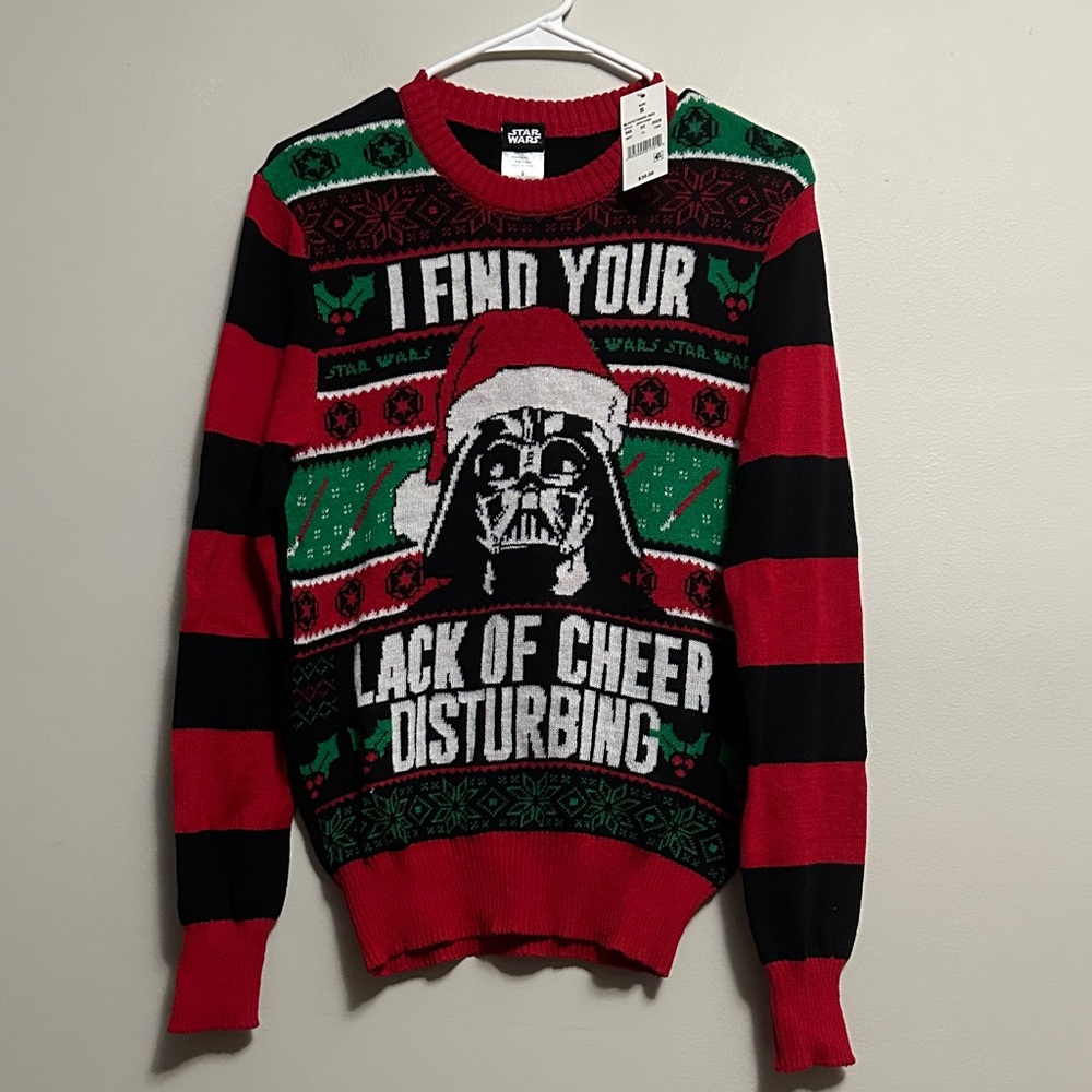 Star Wars Men's Festive Red and Black Christmas Sweater Small Darth Vader